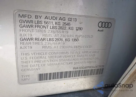 2013 Audi Q5 3.0T Premium Plus from USA, damaged, VIN WA1DGAFP8DA067978